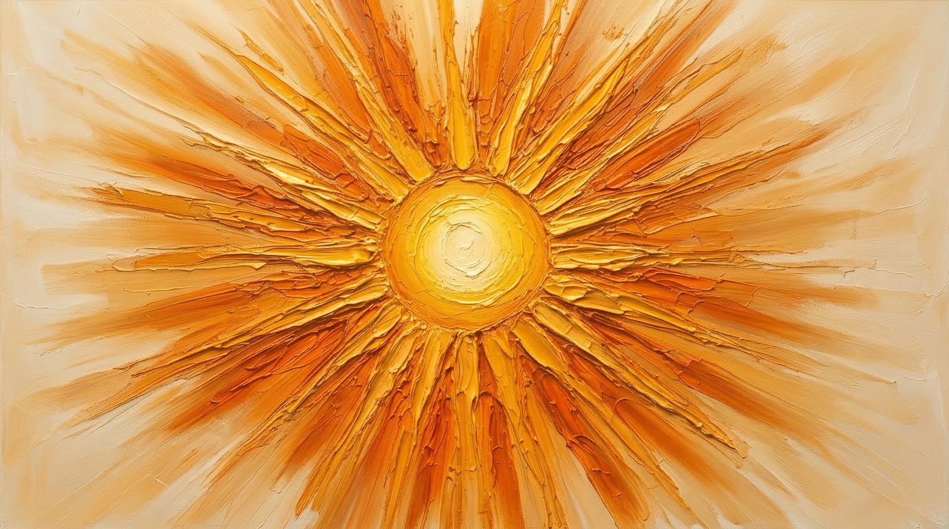 Golden sun painted in thick impasto oil style