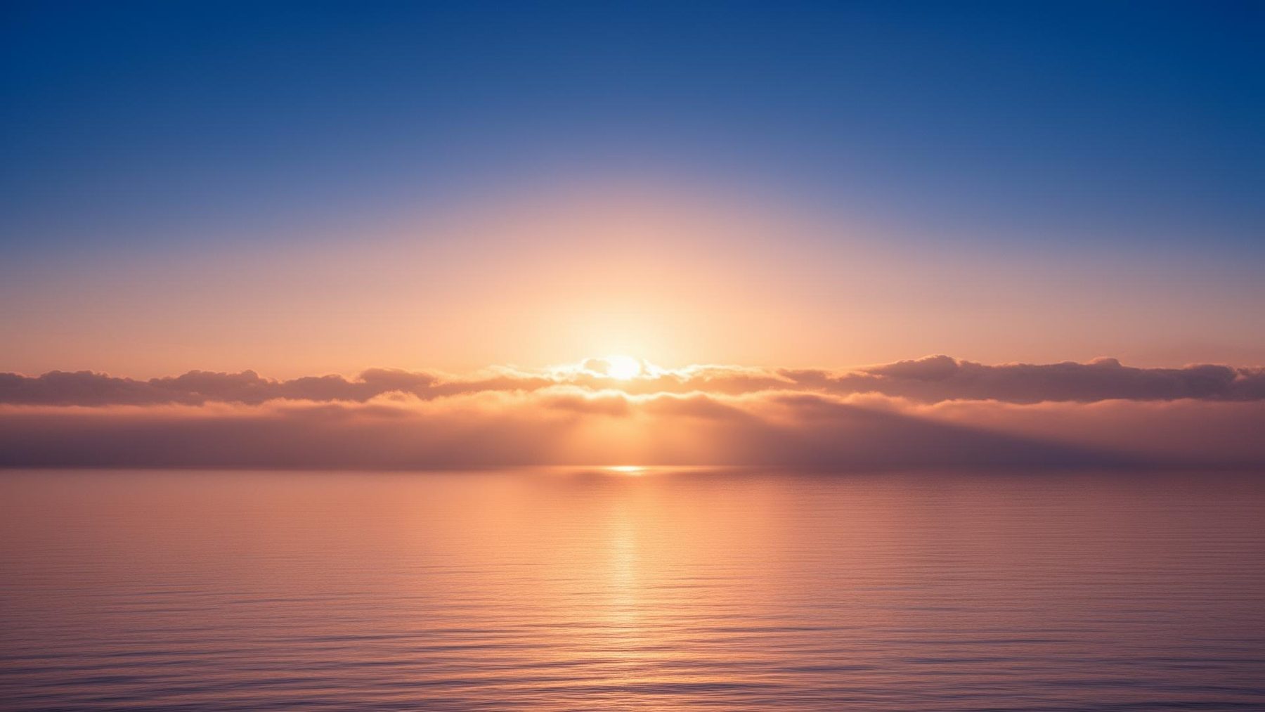 Sun rising over a calm sea, soft gold light breaking through low clouds
